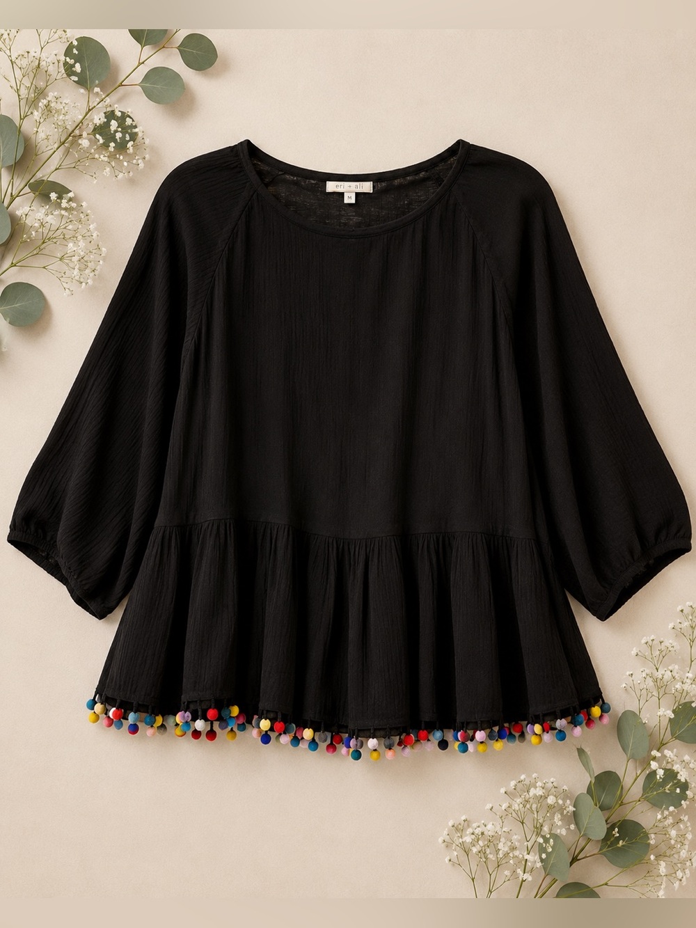Eri + Ali Pom Pom Trim Peplum Top | Anthropologie Blouse